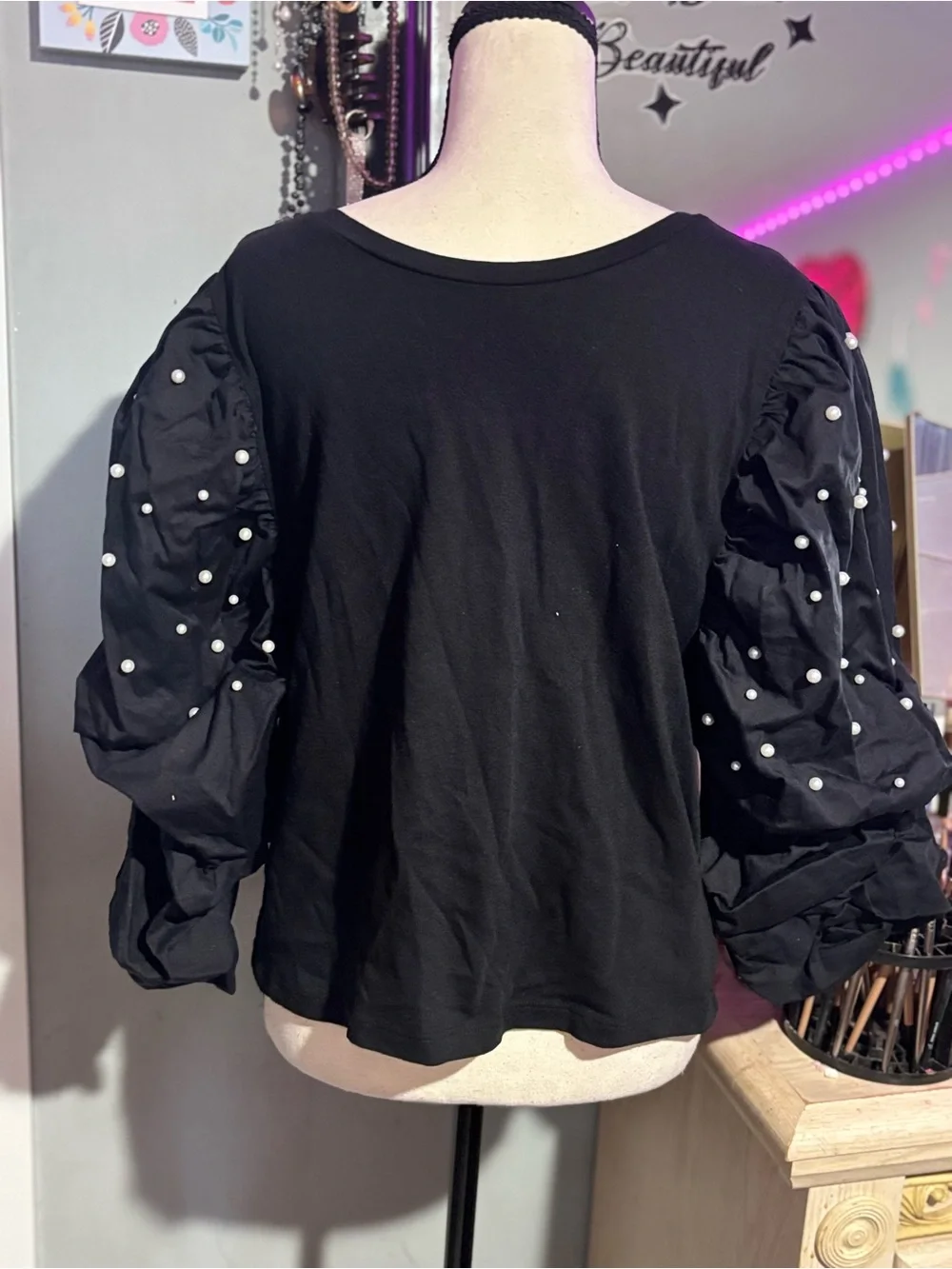 NWOT Zara Black Puff Sleeve Pearl-Studded Top